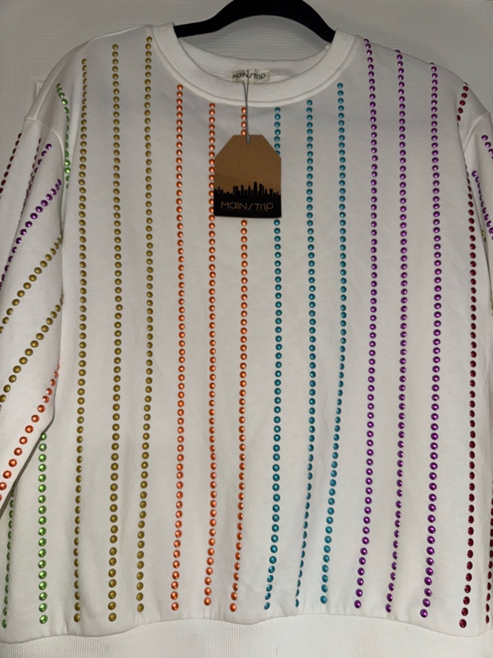 NWT Main Strip White Sweatshirt with Rainbow Stud Stripes - Picture 3 of 6